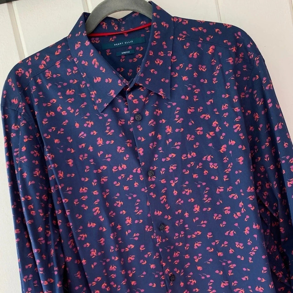 Perry Ellis, Stretch Slim Fit Floral Pattern Button-down Shirt, Navy Blue, Pink - Picture 4 of 12